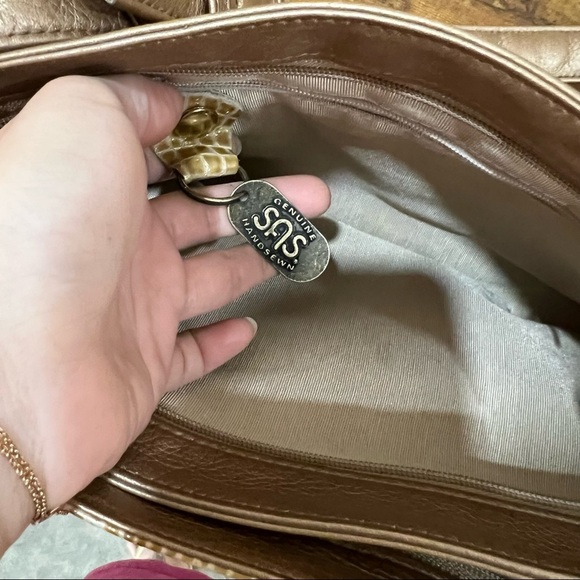 Vtg SAS Metallic Bronze Brown LEATHER CROSSBODY Handbag w/ Croc Trim Casual EUC - Picture 9 of 16